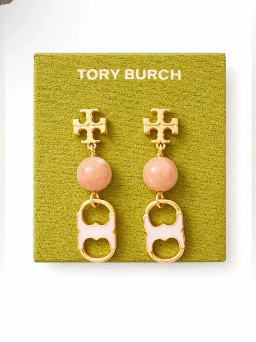 Tory Burch Pink Enamel Drop Earrings Gold Tone Logo Bead Statement NEW $148